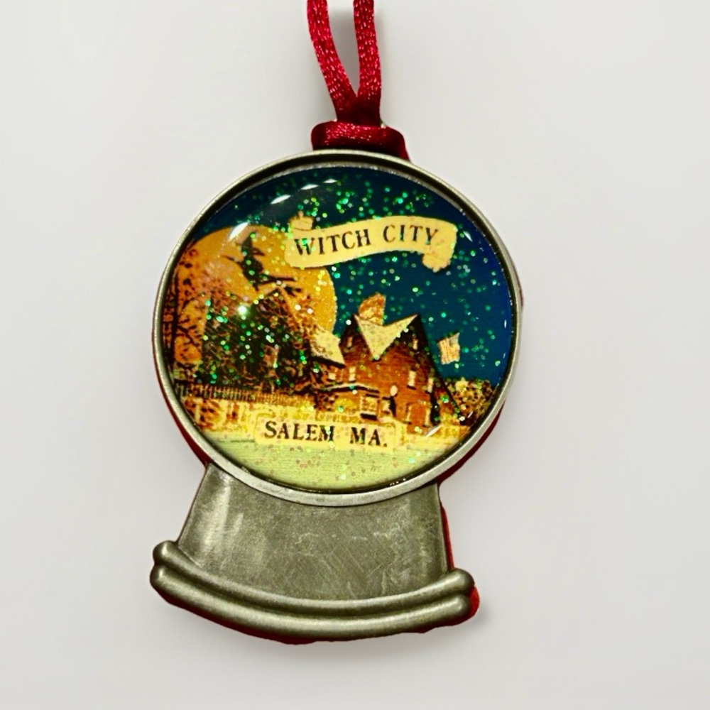 Lasting Memories Witch City Salem Ma. Holiday Snow Globe Shaped Ornament